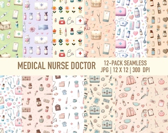 Infirmière en médecine, docteur, soins de santé, conceptions numériques transparentes, papier imprimable aquarelle, motifs répétés rétro, usage commercial, lot 1