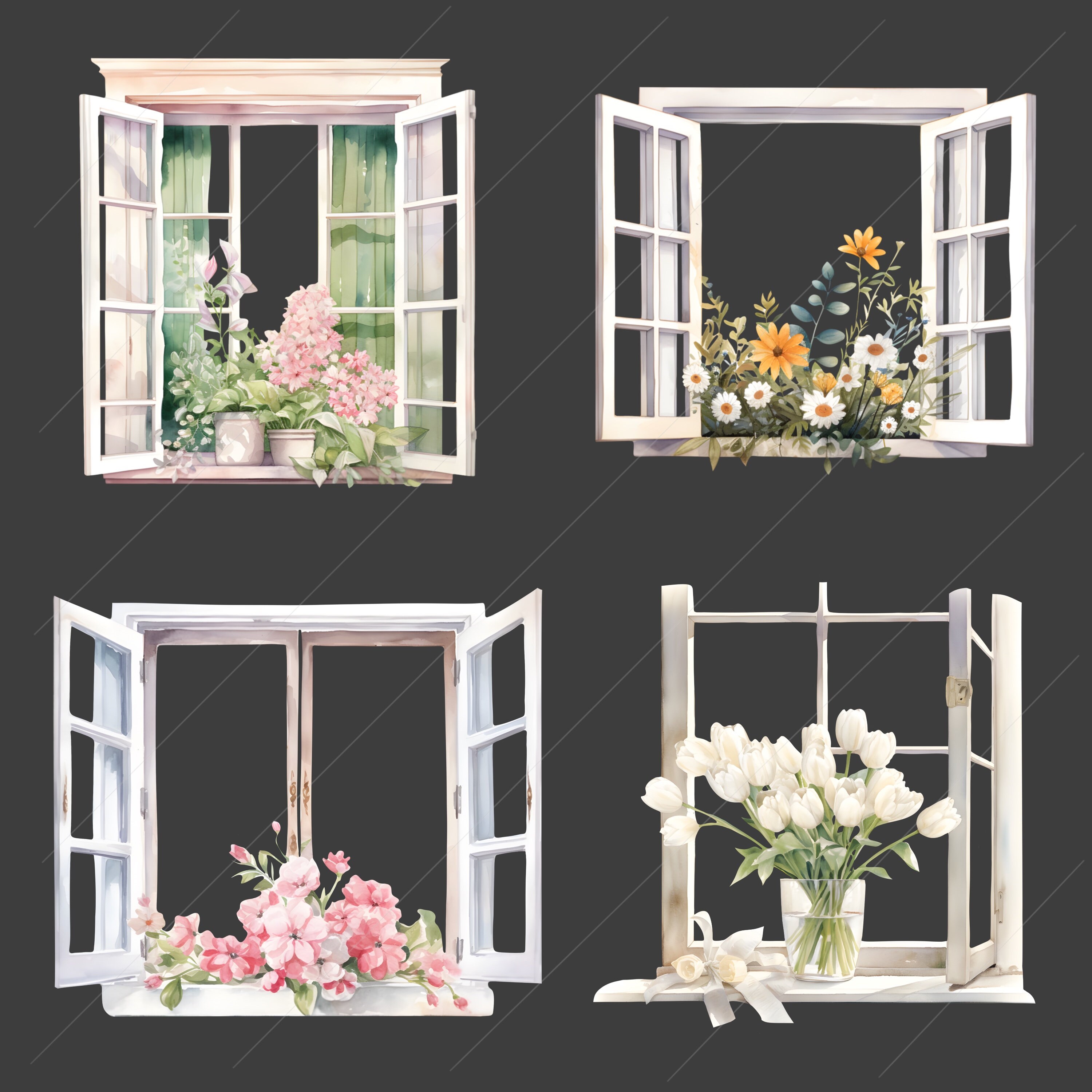 Floral Windows Watercolor Clipart Bundle, Transparent PNG, Flower ...