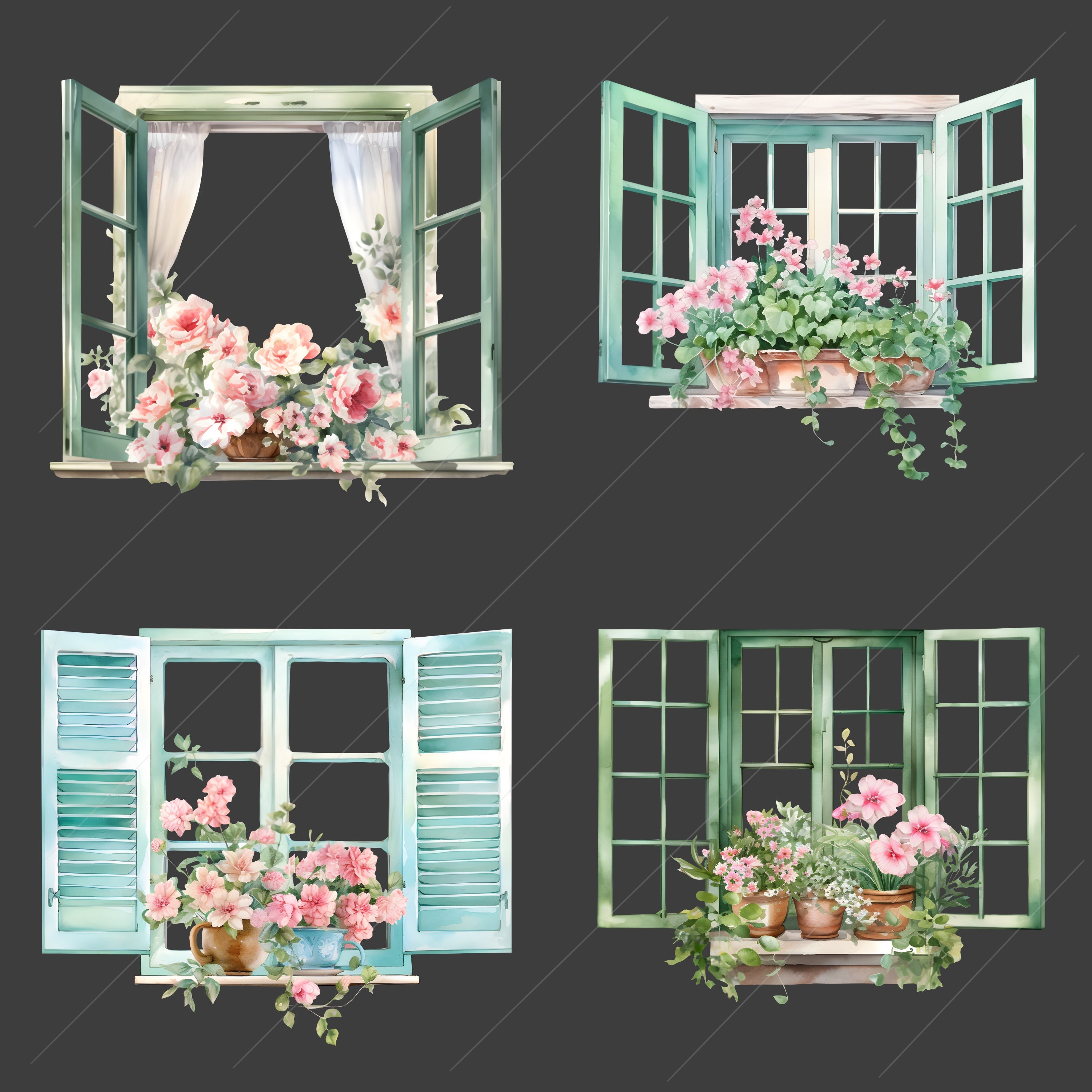 Floral Windows Watercolor Clipart Bundle, Transparent PNG, Flower ...