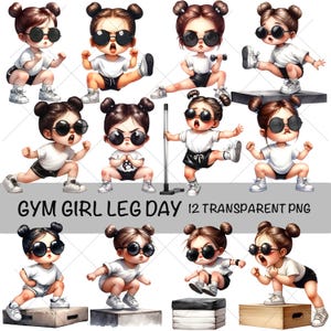 Può includere: Dodici illustrazioni digitali di una ragazza dei cartoni animati che indossa occhiali da sole e abiti da allenamento. La ragazza è mostrata in varie pose, tra cui accovacciata, saltando e tenendo pesi. Il testo "GYM GIRL LEG DAY 12 TRANSPARENT PNG" è nella parte inferiore dell'immagine.