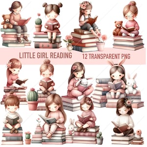 May include: Twelve digital illustrations of girls reading books. Each girl is sitting on a stack of books with a small animal or flower beside them. The illustrations are in a cartoon style with soft colors and a whimsical feel. The text "Little Girl Reading" and "12 Transparent PNG" is at the top of the image.