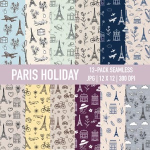 Parijs vakantie naadloze herhalingspatronen, Frankrijk thema Eiffeltoren Cafe gebak afdrukbare digitals, Europe Tour Instant Download, Commercial