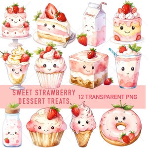 かわいいイチゴのデザート クリップアート PNG バンドル、甘くてかわいい笑顔のおやつ、ケーキ、アイスクリーム、サンデー ドーナツ、透明な PNG イラスト