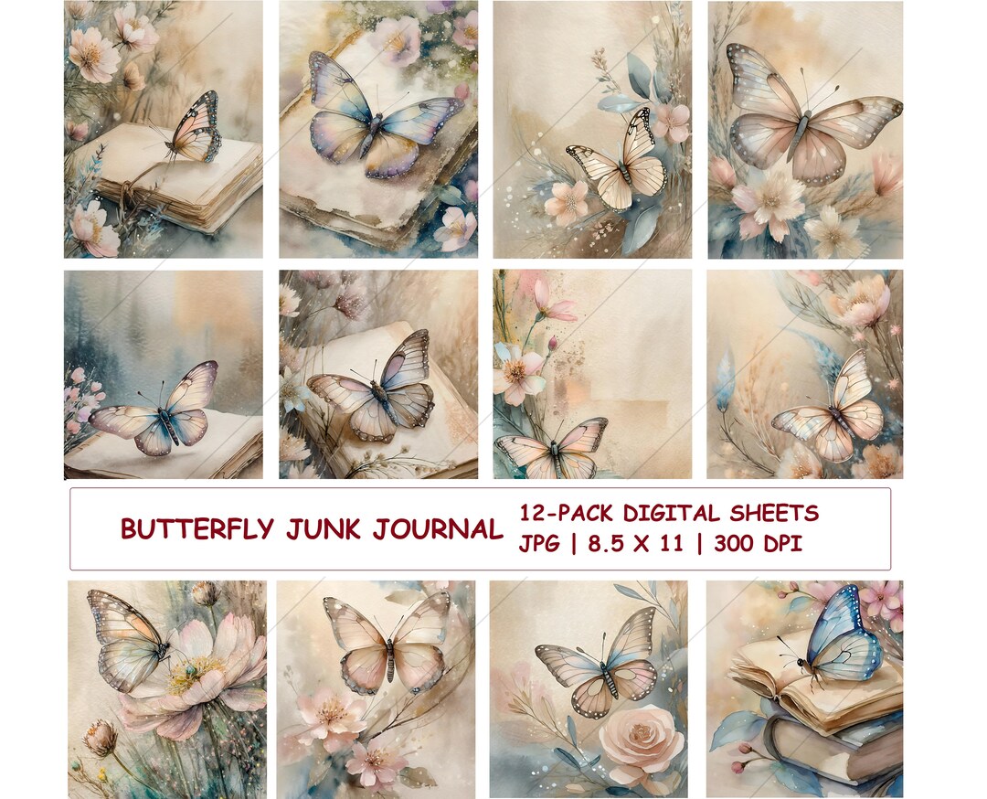 Butterfly Digital Junk Journal Pages, Vintage Fantasy Floral Watercolor ...