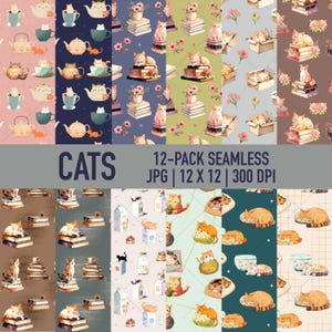 Paquete digital de patrones sin costuras de gatos: fondo de gatos, 12 diseños, 12 x 12 pulgadas, uso comercial, sublimación