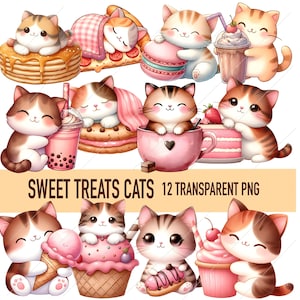 May include: Twelve digital illustrations of cute cartoon cats with various sweet treats. The cats are in different poses and have different expressions. The treats include cupcakes, ice cream cones, macarons, pancakes, and bubble tea.