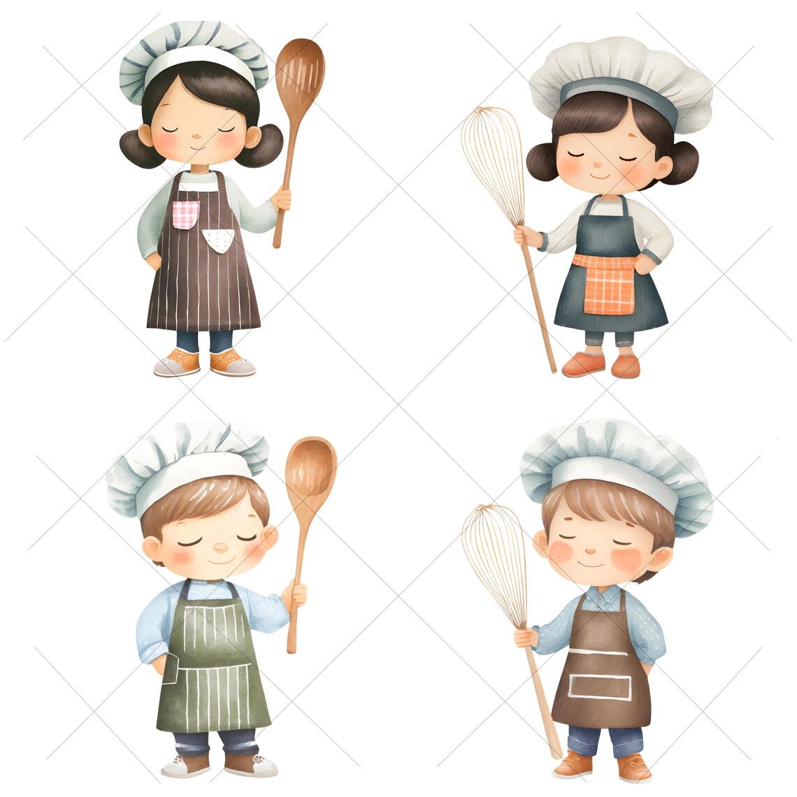 Cute Little Chef Clipart Bundle, Baker Girl Boy Watercolor Transparent ...
