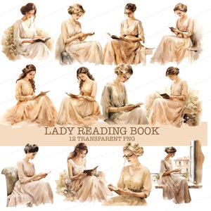 May include: Twelve watercolor illustrations of women in various poses reading books. The women are wearing long, flowing dresses in shades of beige and cream. The illustrations are set against a white background.
