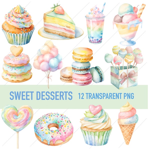 Sweet Desserts Clipart PNG Bundle, Pastel Snack Treats, Cake, Ice Cream, Sundae, Macaron, Donut, Transparent PNG Illustration Commercial