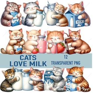 Paquete de imágenes prediseñadas de gatos que aman la leche, gato con cartón de leche PNG transparente, descarga digital, manualidades de papel, diario basura, álbum de recortes, comercial