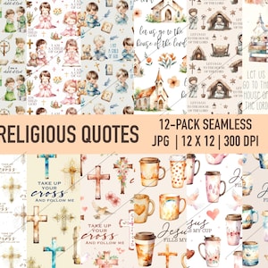 Set di citazioni di versetti religiosi digitali senza soluzione di continuità - Carta per album di ritagli di fede cristiana - Carta con motivi a tema biblico - 12 design - Uso commerciale
