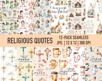 Könnte beinhalten: Ein digitaler Download von 12 nahtlosen Mustern mit religiösen Zitaten und Bildern. Die Muster beinhalten Aquarell-Illustrationen von Kreuzen, Kirchen und Kaffeetassen mit religiösen Zitaten. Der Text "Religious Quotes" und "12-Pack Seamless JPG | 12 X 12 | 300 DPI" wird am unteren Rand des Bildes angezeigt.