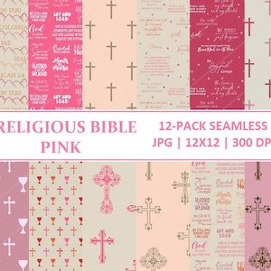 Religious Digital Paper Set Pink - Christian Faith Scrapbook Paper - Bible Themed Patterned Paper - Seamless - Commercial Use