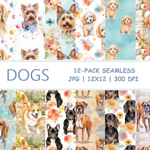 Ensemble de motifs numériques sans couture chien n°1 - papier de scrapbooking aquarelle chiot mignon - fond animal chiots chiens, 30 x 30 cm, usage commercial