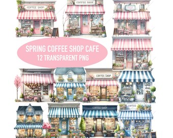 Spring Coffee Shop Café PNG Clipart, Watercolor Transparent Bundle, Instant Download, Scrapbook, Card Making, Junk Journal, Commercial Use