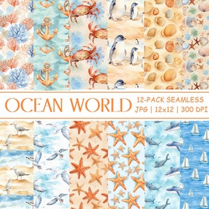 Ocean World Digital Paper - Sea Life Printables - 12 Design - 12 x 12 pollici - Uso commerciale - Sublimazione