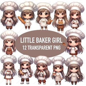 Pacchetto di clipart per bambina fornaia, carina ragazza chef PNG trasparente, piccola cuoca acquerello, creazione di biglietti da forno, album di ritagli, diario spazzatura