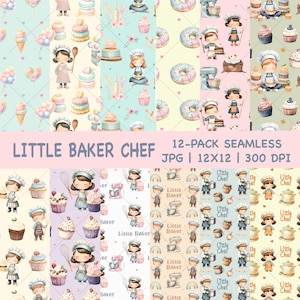 Little Baker Chef nahtlose digitale Designs, Kinder kochen, Backen Cupcake, Aquarell Geburtstag druckbare Wiederholungsmuster, kommerzielle Nutzung