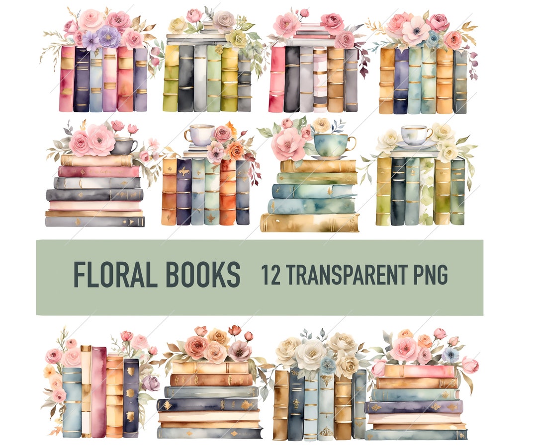 Vintage Floral Books Clipart #2, Printable Watercolor Flower Books ...