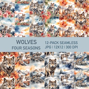 以下が含まれることがあります： 水彩画で描かれた狼のイラストが異なる季節ごとに12種類のシームレスパターンが収録されたデジタルペーパーパック。冬、春、夏、秋の狼の画像が含まれています。青いバナーに「WOLVES FOUR SEASONS 12-PACK SEAMLESS JPG | 12X12 | 300 DPI」のテキストが表示されています。