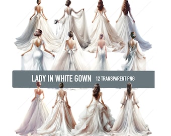 Lady in White Wedding Gown Back View Clipart, Lace Dress Full Body Length Look, Watercolor Beautiful Elegant Tulle Gown, Commercial Use