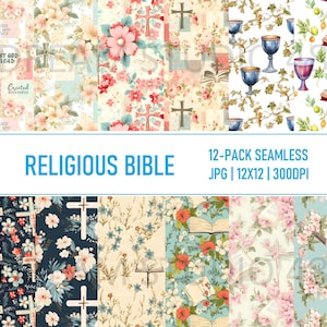 Religiöses Digitales Papier Set # 2 - Christliches Glaube Scrapbook Papier - Bibel Themed Papier - 12 Designs - Nahtlos - Kommerzielle Nutzung