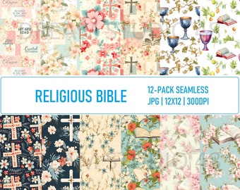 Ensemble de papier numérique religieux #2 - papier de scrapbooking foi chrétienne - papier à motifs sur le thème de la Bible - 12 modèles - sans couture - usage Commercial
