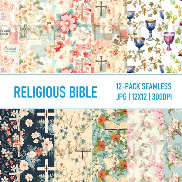 Religious Digital Paper Set #2 - Christian Faith Scrapbook Paper - Bible Themed Patterned Paper - 12 Designs - Seamless - Commercial Use