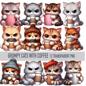 May include: A collection of twelve cartoon images of grumpy cats holding coffee cups and to-go cups. The cats are in various colors and patterns, some wearing hats and scarves. The text "GRUMPY CATS WITH COFFEE 12 TRANSPARENT PNG" is at the bottom.