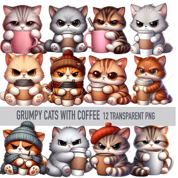 Grumpy Coffee Cat Clipart Bundle, Grouchy Coffee Cat Transparent PNG, Digital Download, Paper craft, Junk Journal, Scrapbook, Commercial