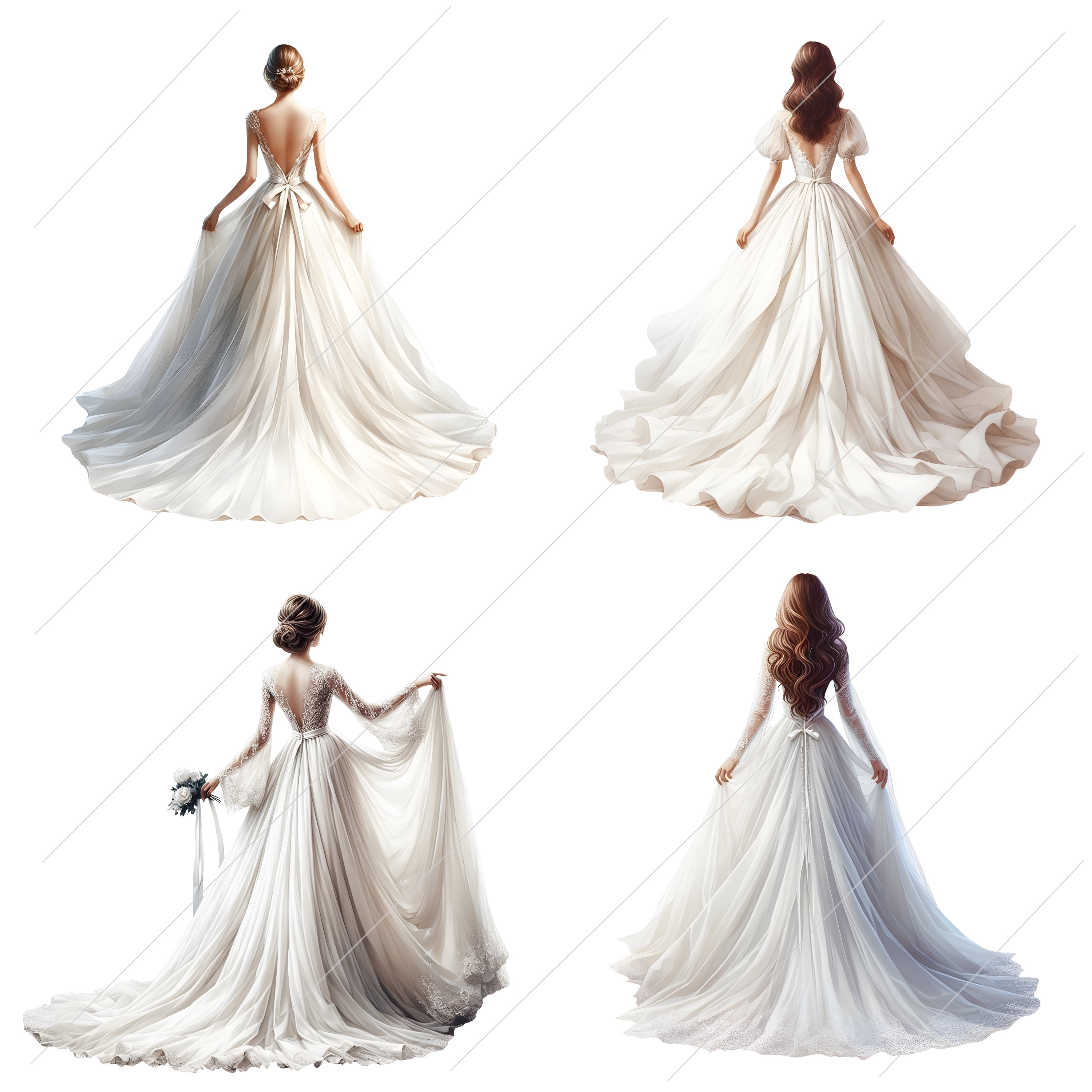 Lady in White Wedding Gown Back View Clipart, Lace Dress Full Body ...