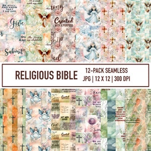 Set di carta digitale religiosa n. 4 - Carta per scrapbooking a tema cristiano - Carta con motivi a tema biblico - 12 disegni - Senza cuciture - Uso commerciale