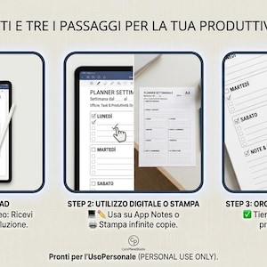 Può includere: Un grafico in tre passaggi per un'agenda digitale. Il primo mostra un tablet con icona di download. Il secondo mostra un tablet e una pagina stampata. Il terzo mostra il layout di un'agenda settimanale con caselle di controllo e testo.