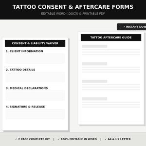 Modulo Consenso Informato Tatuaggio e Guida After care Modificabile Word PDF, Liberatoria Tatuatore, Scheda Cliente Studio Tattoo A4