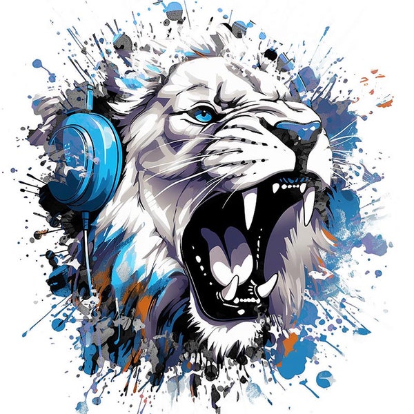 Roaring Lion listening to Music in Headphones, with Splashing Special Effect on a White Background Image - Digital Artwork, Art for Print