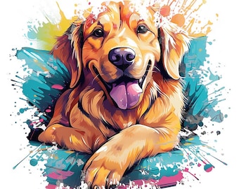 Cute Golden Retriever Dog, with Paint Splashing and Smearing Special Effect on a White Background Image - Digital Artwork, Art for Print