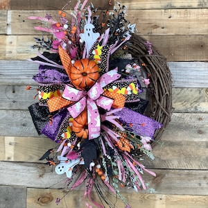 Pink Halloween Grapevine Wreath