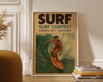 Retro Surf Contest Poster, Vintage California Surfing Wall Art, 1975 Surf Print, Coastal Beach Decor, Digital Download