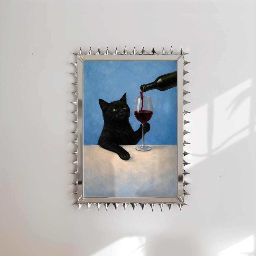 Moody Black Cat Wine Wall Art, Funny Cat Drinking Red Wine ...