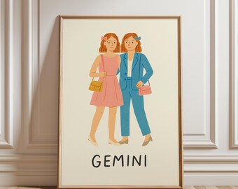Gemini Zodiac Print, Astrology Wall Art, Horoscope Poster, Gemini Illustration, Digital Download
