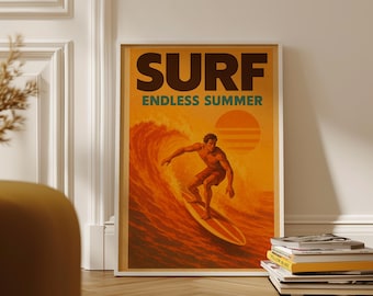Surf Wall Art Print, Retro Summer Poster, Vintage Surfing Artwork, Coastal Beach Decor, Digital Download