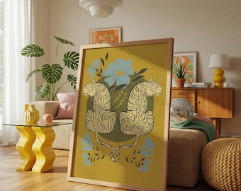 Impression d'art vintage tigre, décoration murale florale rétro, affiche d'illustration animale audacieuse