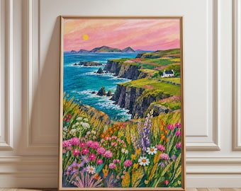 Wandkunst mit Küstenklippen, Wildblumen-Meereslandschaft mit Hütte und rosa Himmel