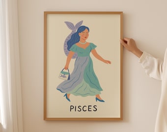 Pisces Zodiac Print, Astrology Wall Art, Horoscope Poster, Zodiac Illustration, Digital Download
