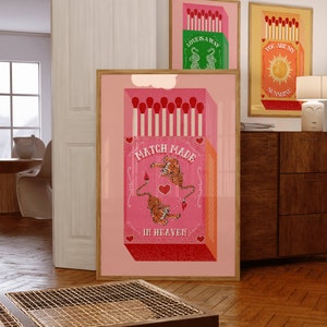 Póster de tigre con impresión retro Match Made in Heaven / Arte vintage / Póster de caja de cerillas rosa / Arte contemporáneo / Descarga digital / Decoración de pared