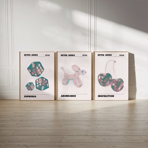 Gallery Wall Art Set Of 3 Prints | Trendy Holographic Set | Retro Abstract Dog Balloon Poster | 70s Aesthetic | Vintage Euphoria Dice Print