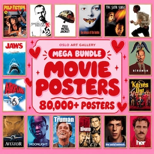 May include: A digital graphic featuring a central pink box with the text OSLO ART GALLERY MEGA BUNDLE MOVIE POSTERS 80,000+ POSTERS surrounded by various iconic movie posters including Pulp Fiction, Jaws, The Aviator, and The Social Network.