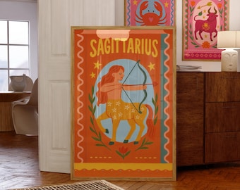Sagittarius Zodiac Poster Colorful Astrology Wall Art, Horoscope Digital Download