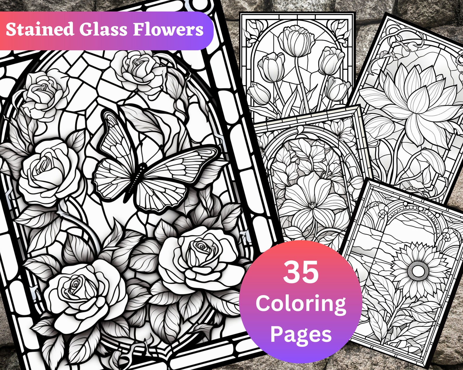 35 Stained Glass Flower Coloring Page for Adults and Kids Instant