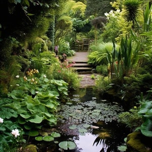 May include: A lush, green garden with a stone path leading to a small pond. The pond is surrounded by lush greenery and has lily pads floating on the surface.